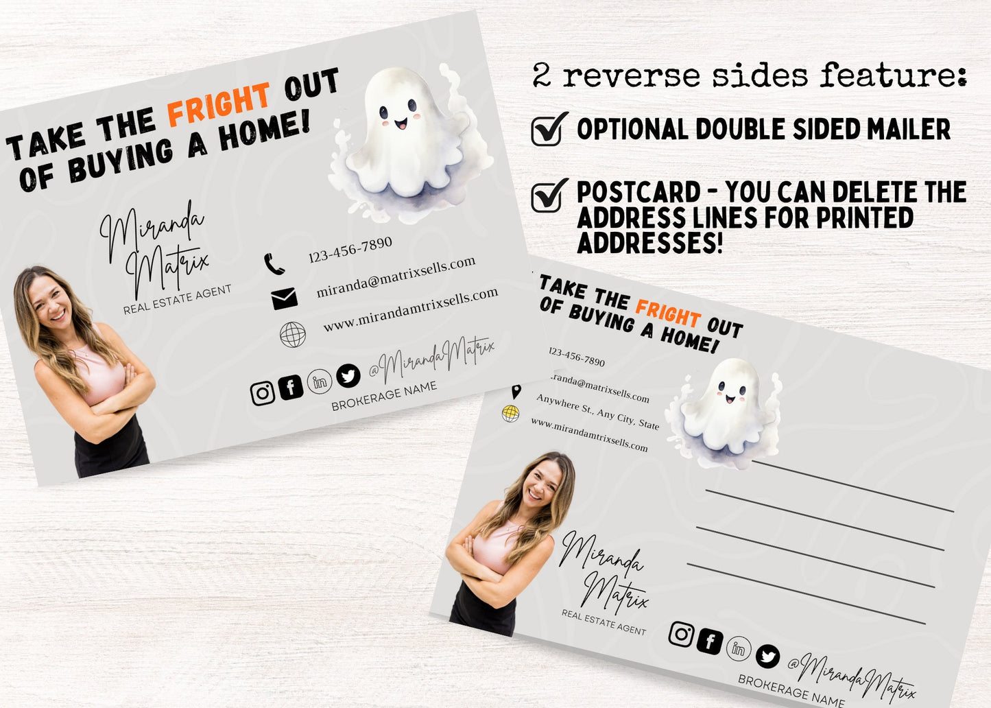 Halloween real estate postcard template featuring playful ghost graphics, haunted house artwork, and customizable Realtor marketing.