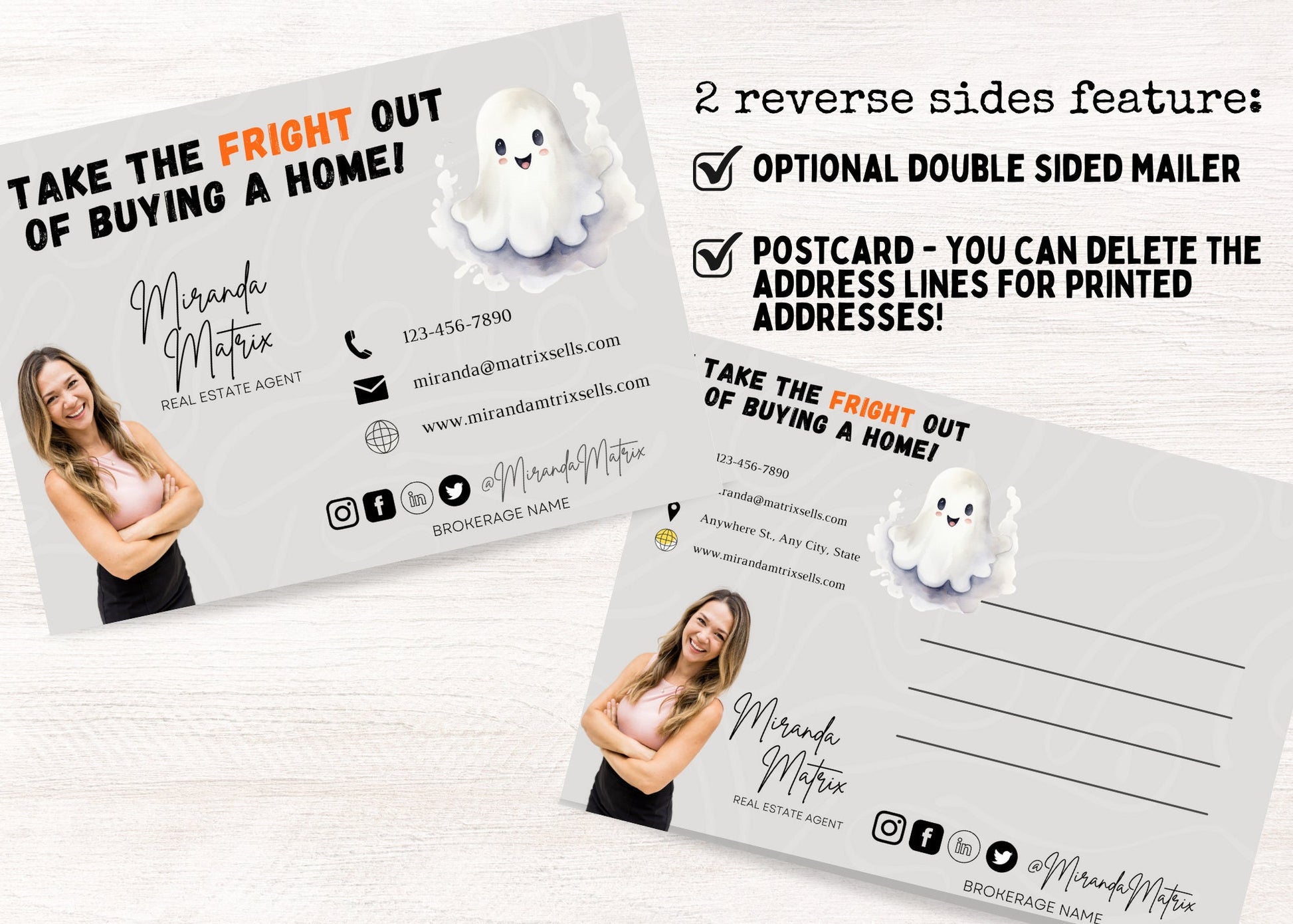Halloween real estate postcard template featuring playful ghost graphics, haunted house artwork, and customizable Realtor marketing.