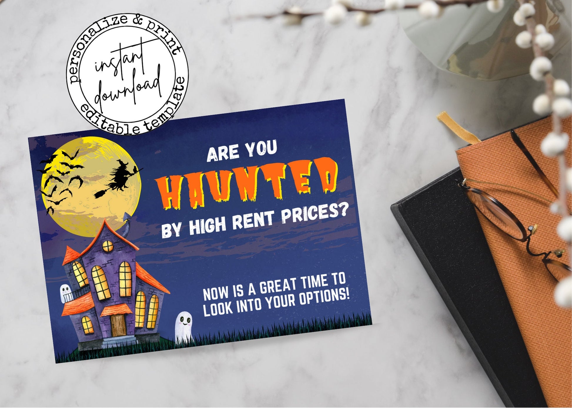 Editable Canva Halloween real estate marketing postcard with ghost illustrations and customizable Realtor contact information.