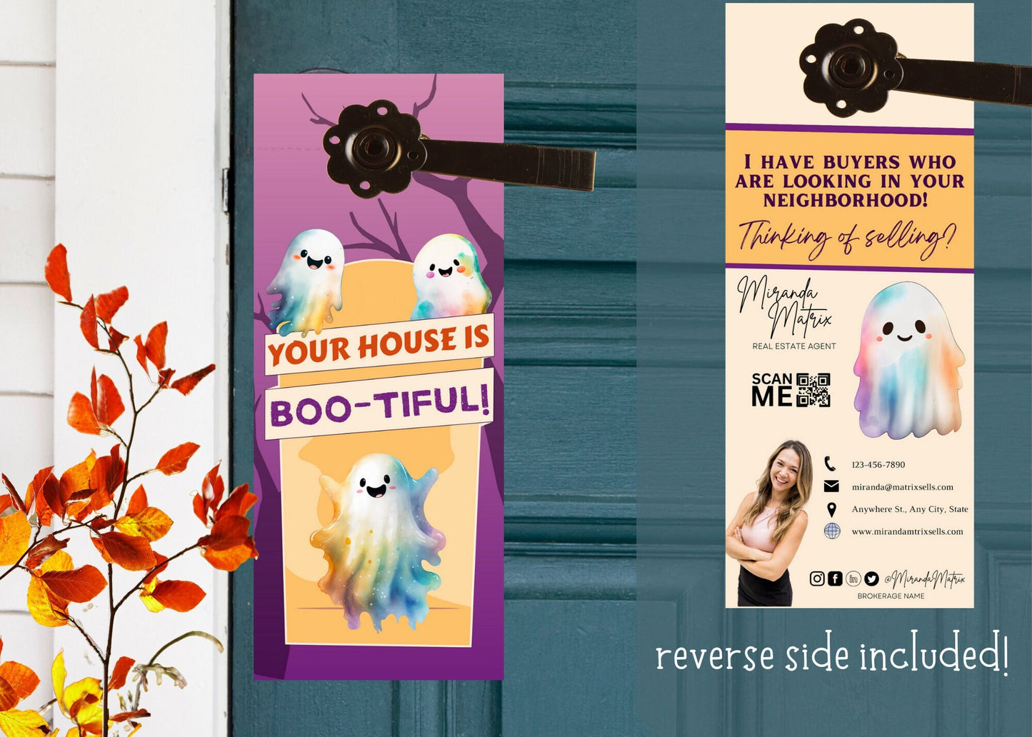 Editable Halloween Realtor door hanger template with cute ghost design and customizable Canva layout for neighborhood marketing.