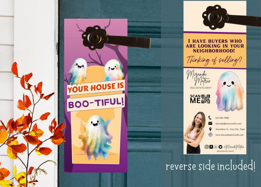 Editable Halloween Realtor door hanger template with cute ghost design and customizable Canva layout for neighborhood marketing.