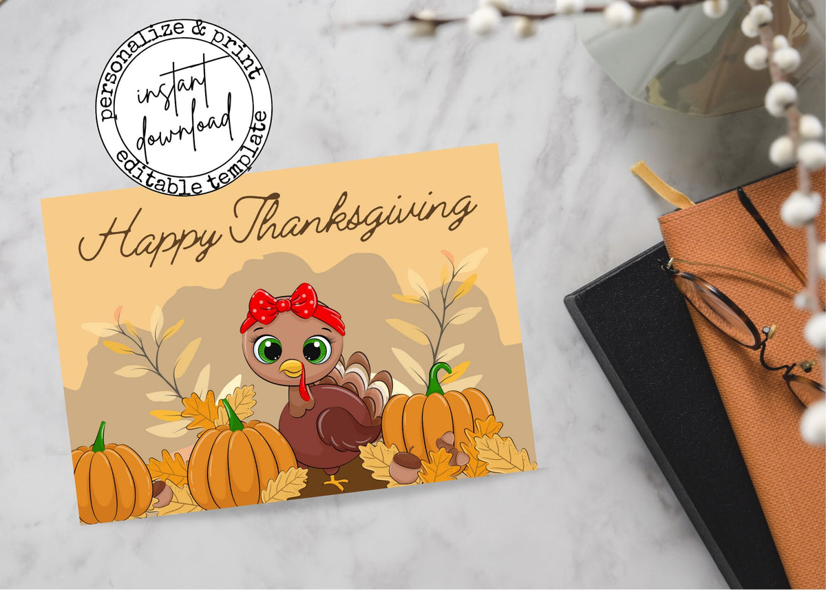 Cute Thanksgiving realtor postcard featuring cartoon turkey, pumpkins, fall leaves and Happy Thanksgiving message