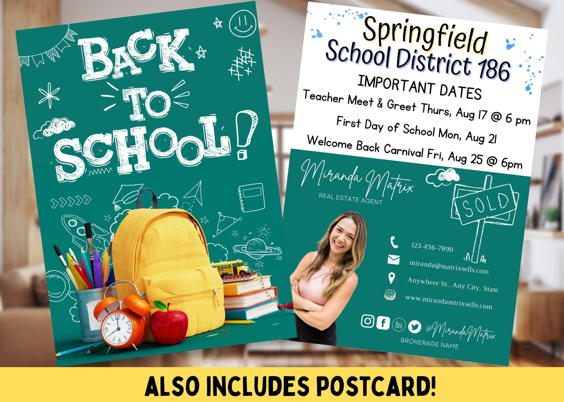 Back to School Realtor postcard template featuring editable Canva design with school district information.