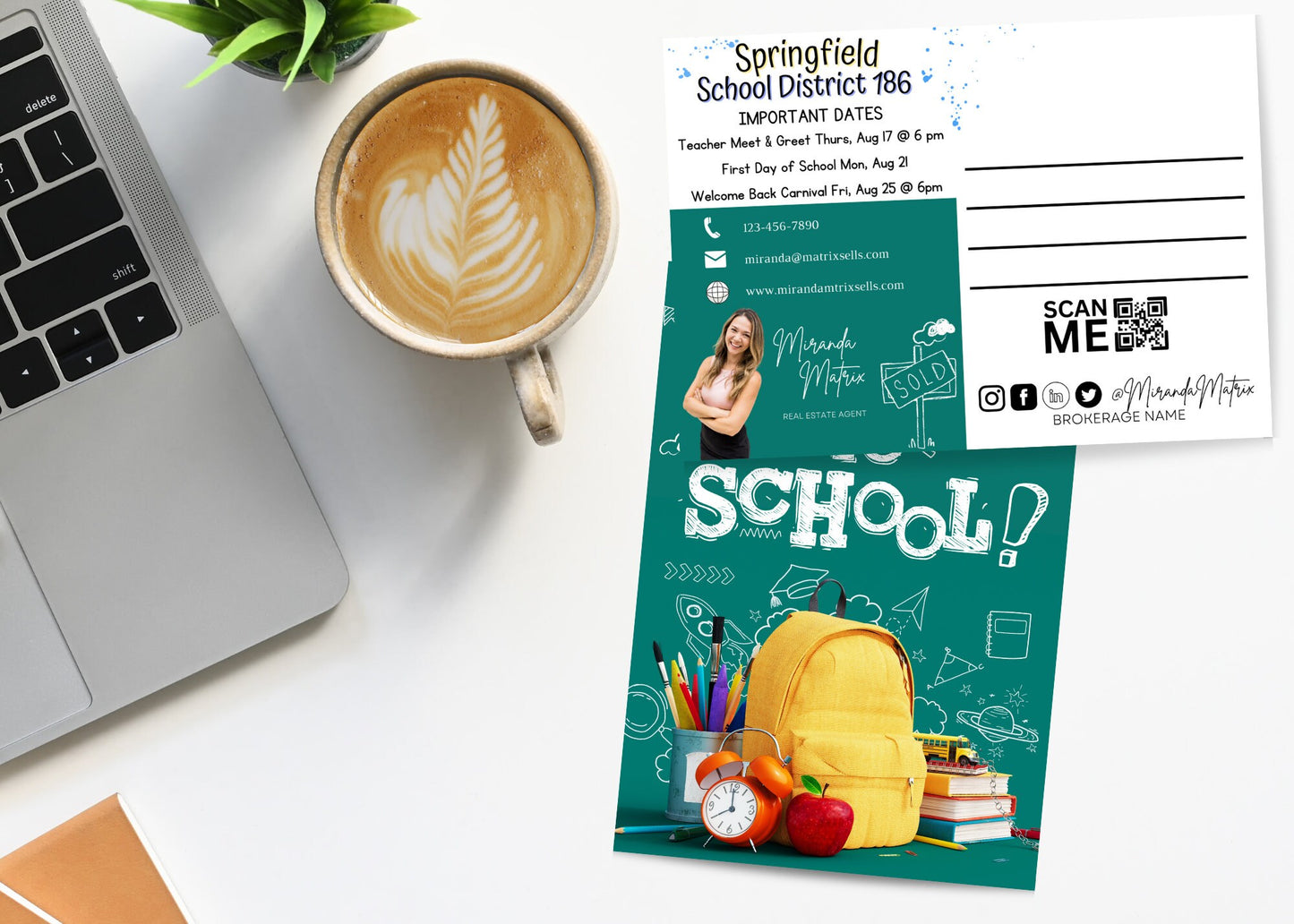 Back to School Realtor postcard template featuring editable Canva design with school district information.