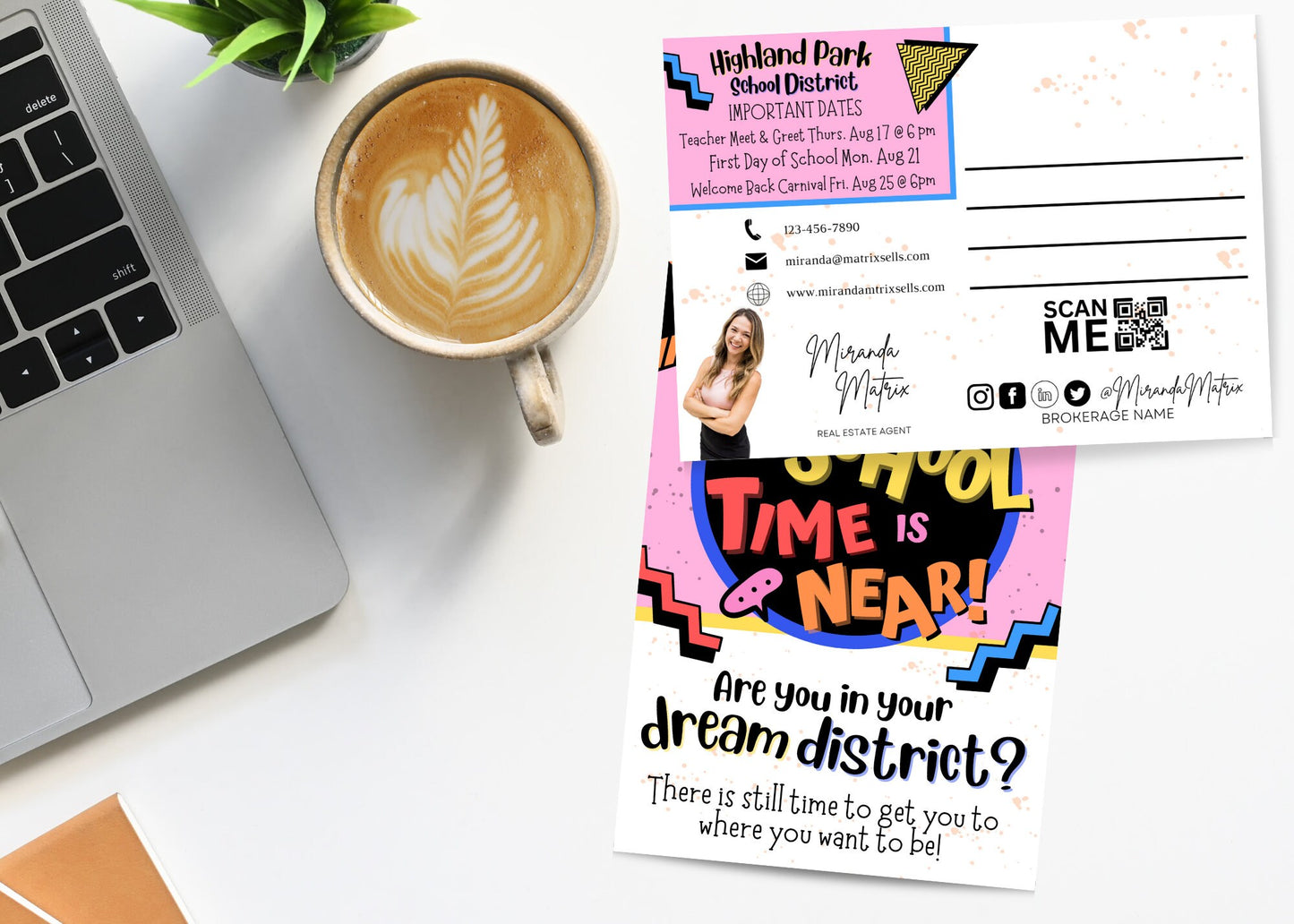 Back to School Realtor postcard template featuring editable Canva design with school district information.