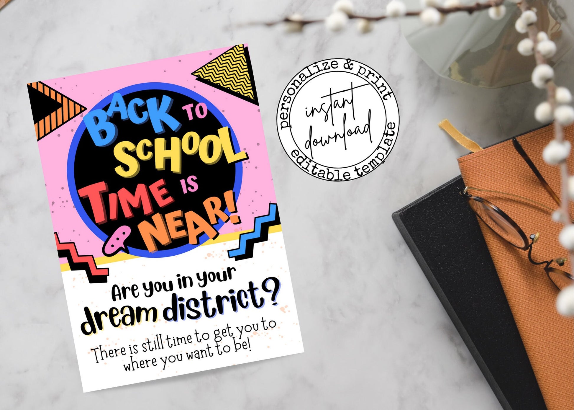 Double-sided back-to-school postcard template for real estate agents promoting local school districts.