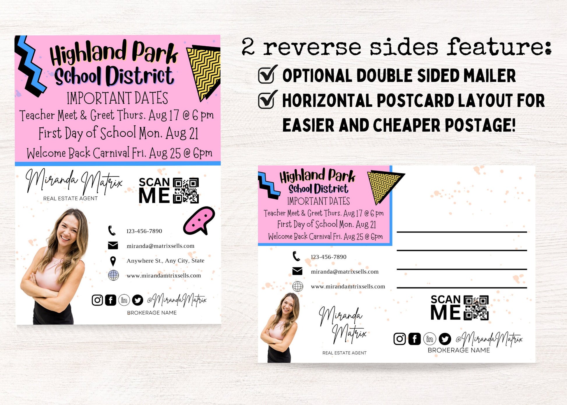 Colorful retro-style real estate postcard template for back-to-school marketing campaigns.