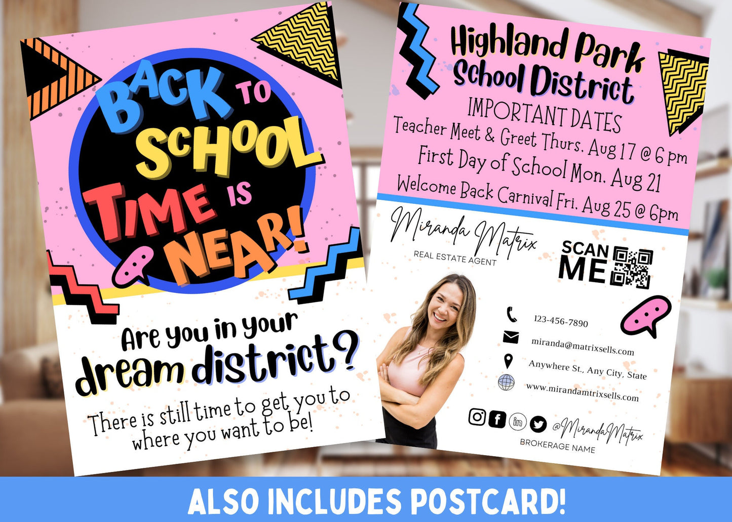 Back to School Realtor postcard template featuring editable Canva design with school district information.