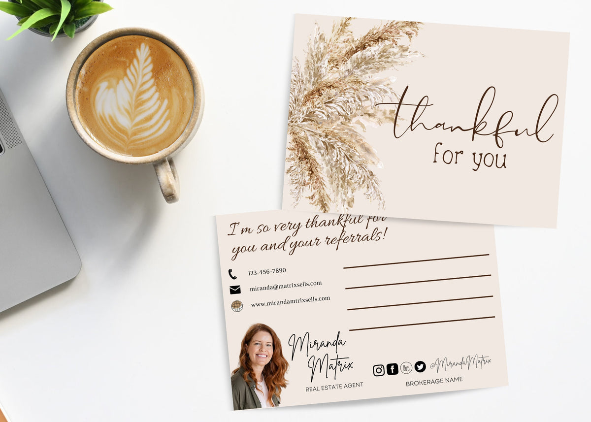 Thanksgiving real estate client appreciation postcard with realtor headshot, contact information and thankful for your referrals message