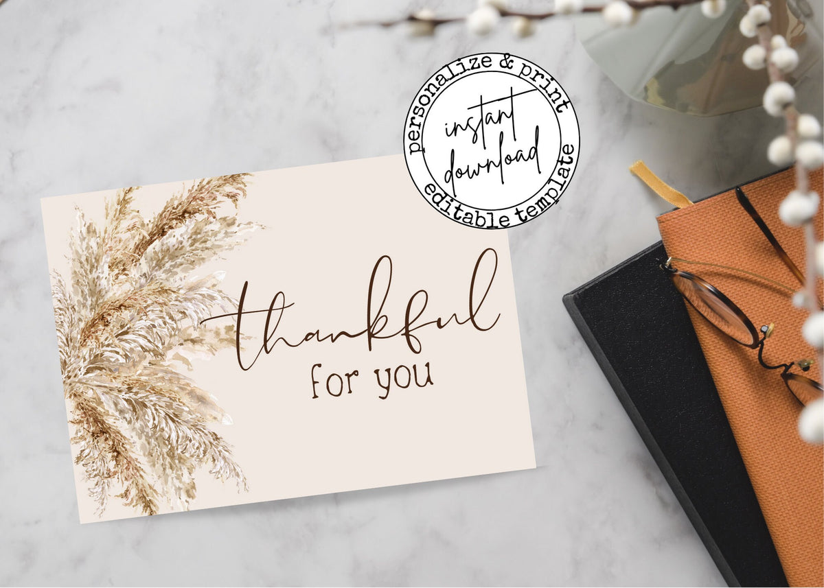 Neutral Thanksgiving realtor postcard with watercolor pampas grass and the words Thankful for You