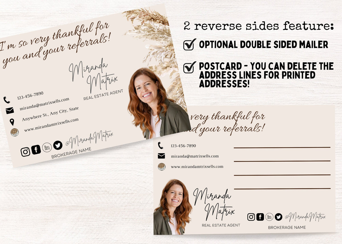 Thanksgiving real estate client appreciation postcard with realtor headshot, contact information and thankful for your referrals message
