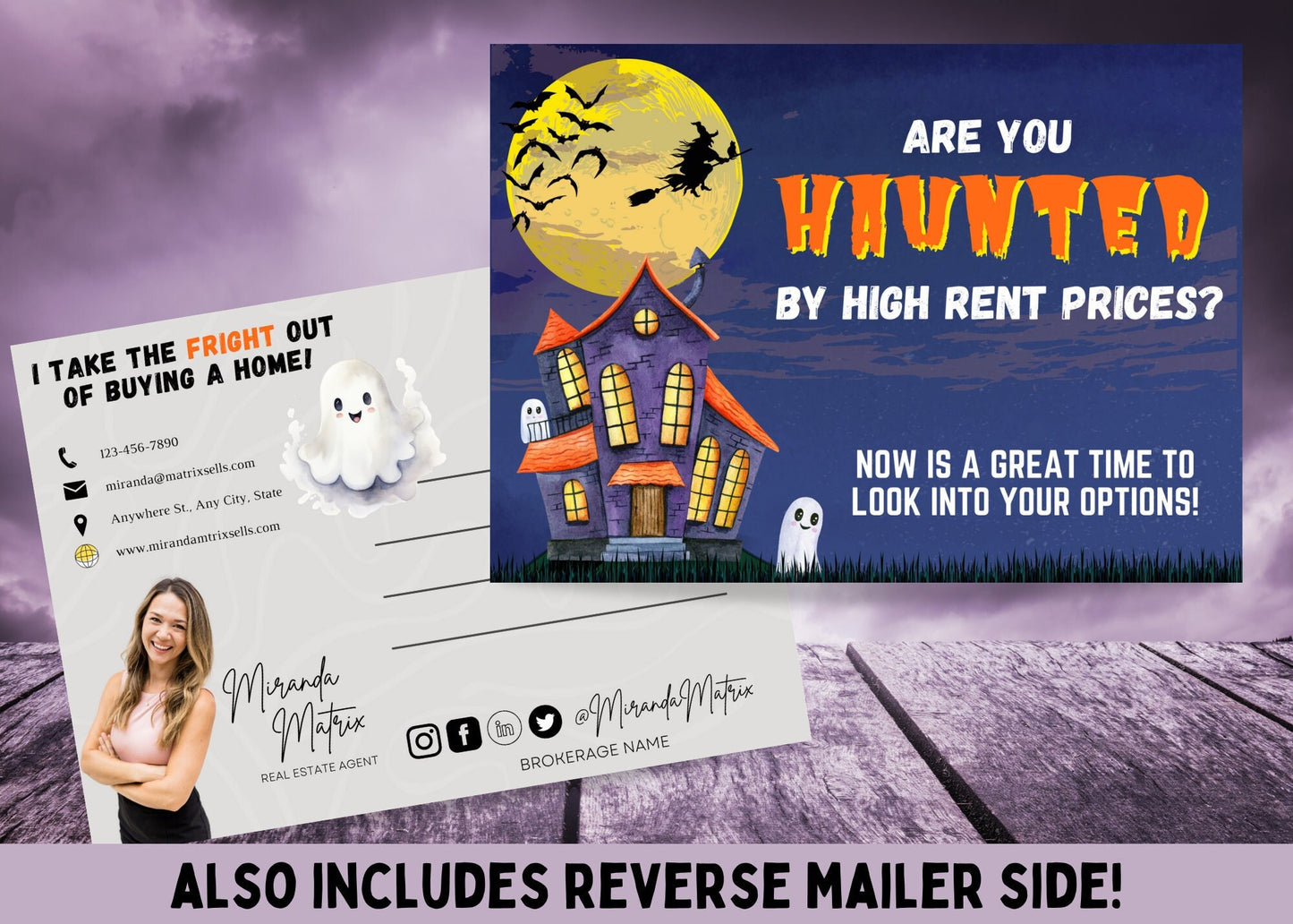 Halloween Realtor postcard featuring a haunted house, ghosts, and the phrase “Haunted by High Rent Prices?” with editable Canva branding.