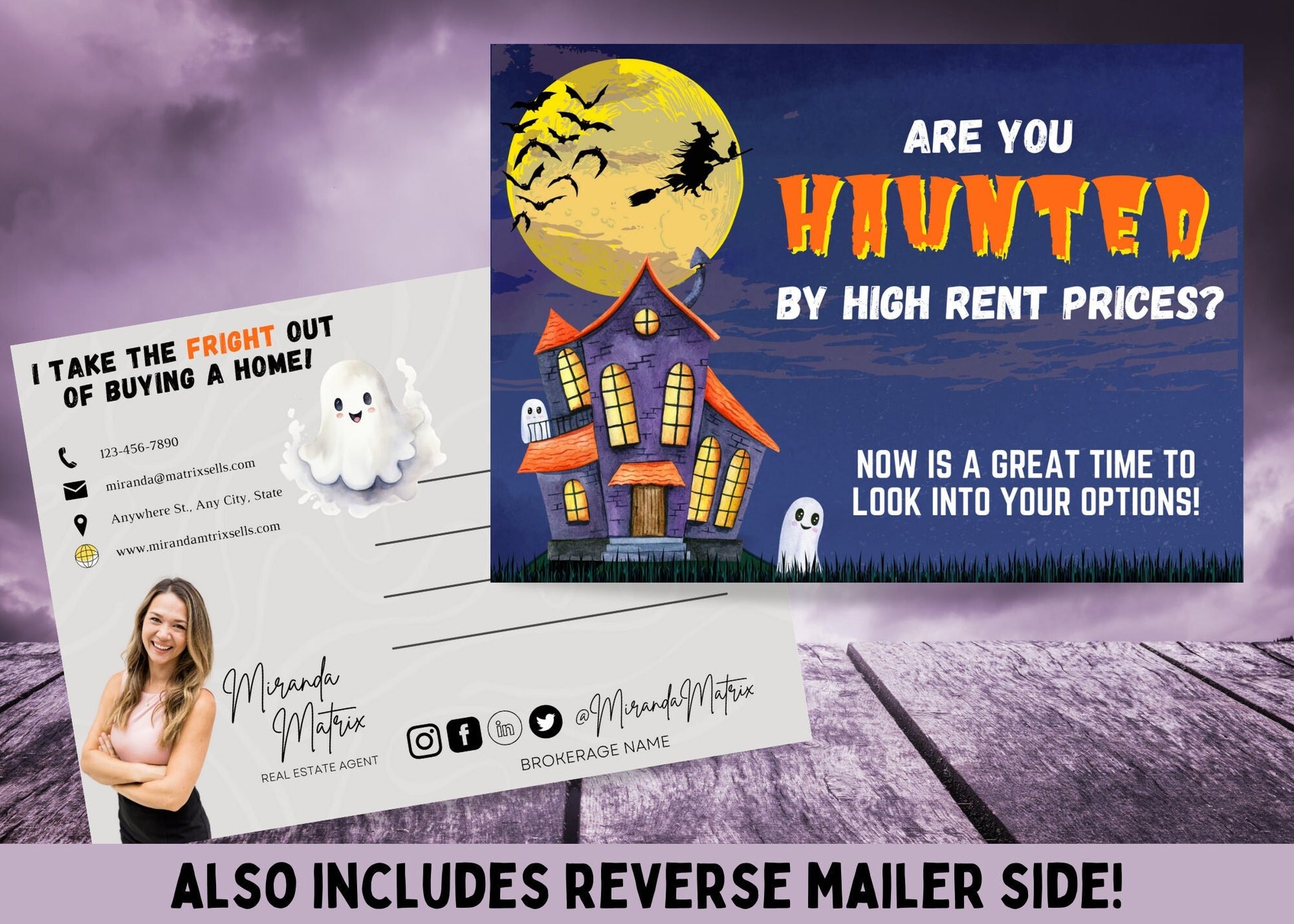 Halloween Realtor postcard featuring a haunted house, ghosts, and the phrase “Haunted by High Rent Prices?” with editable Canva branding.