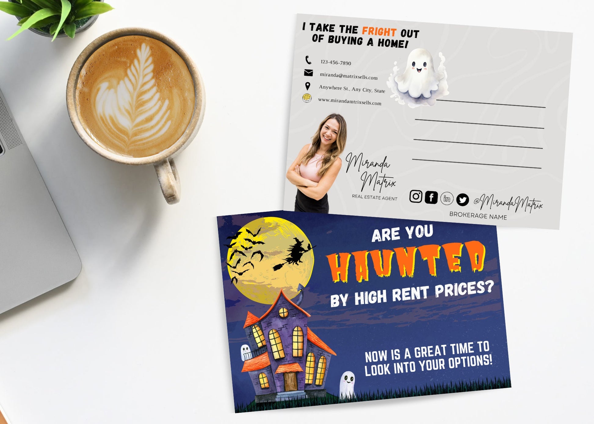 Halloween Realtor postcard featuring a haunted house, ghosts, and the phrase “Haunted by High Rent Prices?” with editable Canva branding.