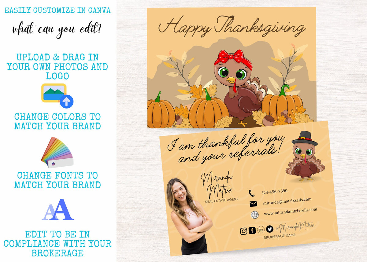 Editable Thanksgiving realtor mailing postcard with address lines, agent branding, turkey graphic and thankful for your referrals message