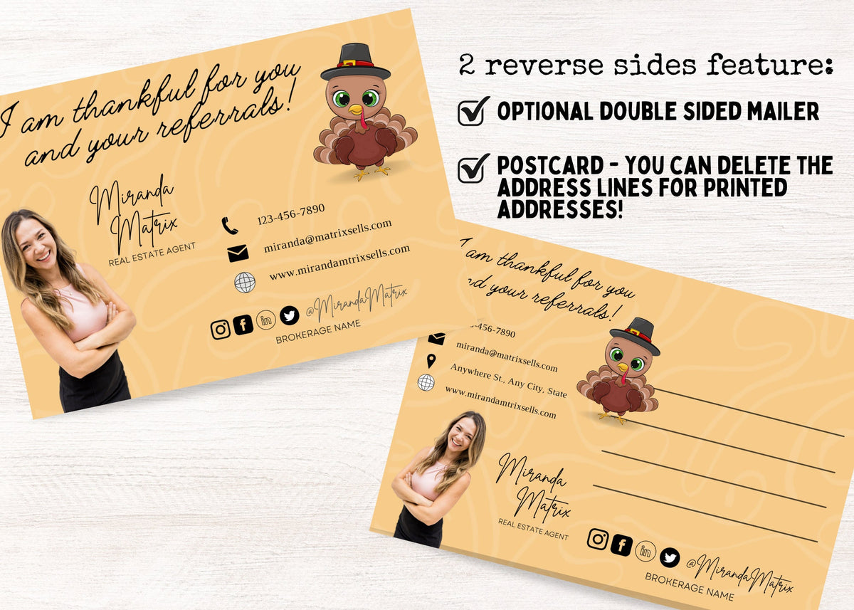 Thanksgiving real estate client appreciation postcard with realtor photo, contact information, cartoon turkey and referral thank-you message