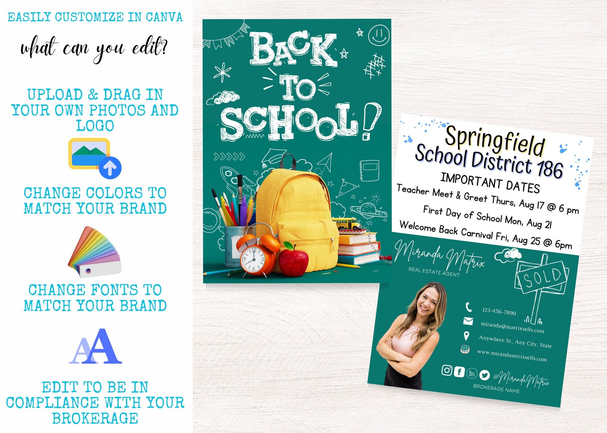 Editable Canva realtor mailer with school dates, contact information, and QR code.