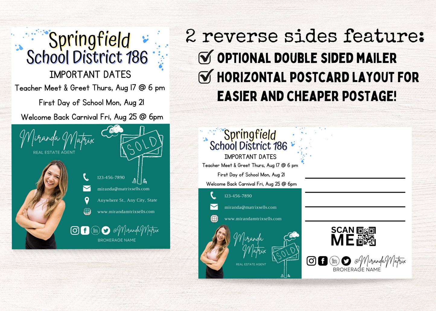 Colorful retro-style real estate postcard template for back-to-school marketing campaigns.