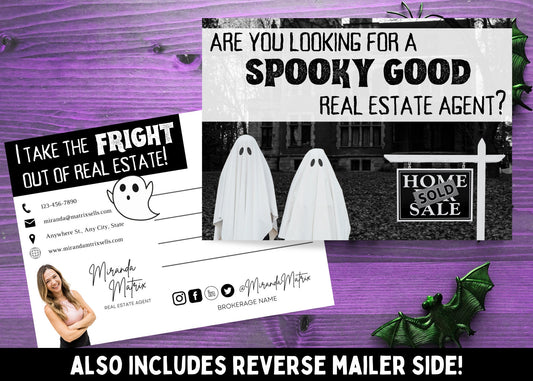 Halloween realtor postcard featuring ghosts, haunted house graphics, and spooky real estate marketing sayings with editable realtor contact information.