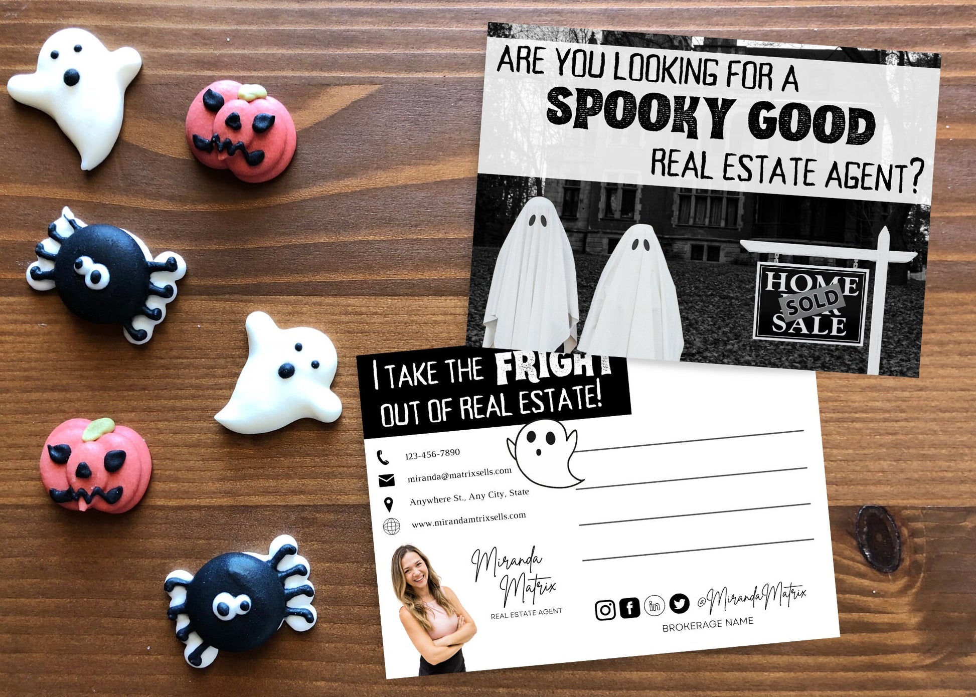 Funny Halloween postcard for real estate agents with “Take the fright out of real estate” slogan and editable contact information layout.