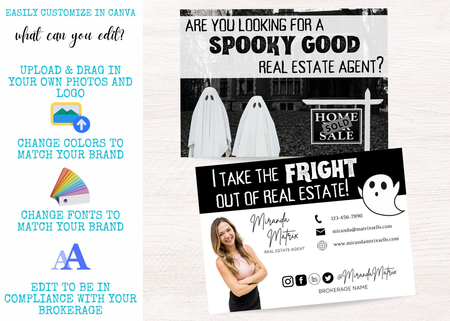 Spooky season realtor Canva template featuring haunted house artwork, ghost graphics, and customizable real estate branding for Halloween mailers.
