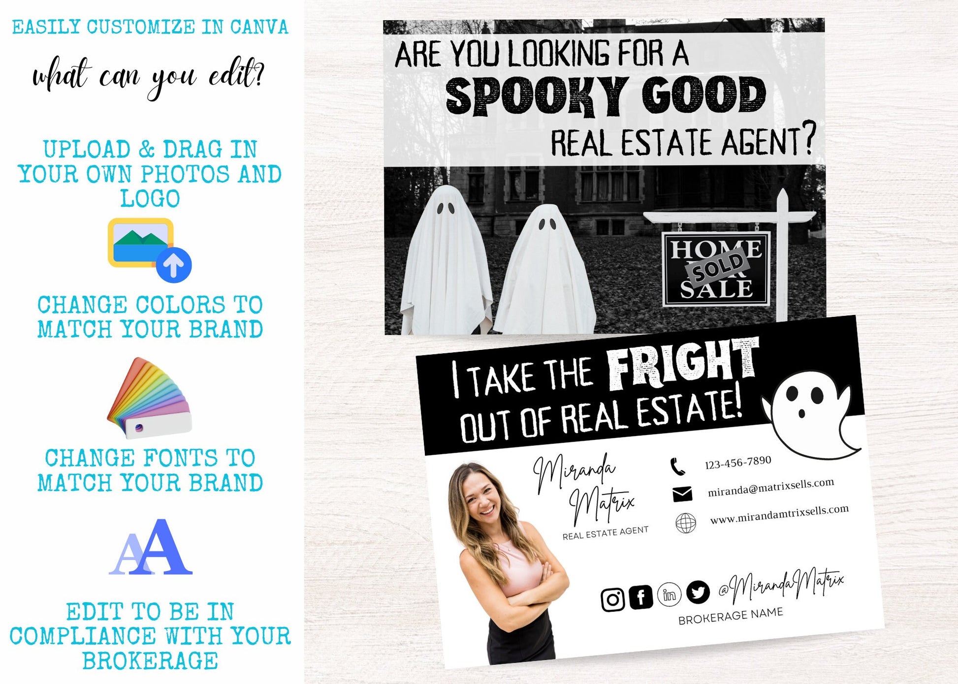 Spooky season realtor Canva template featuring haunted house artwork, ghost graphics, and customizable real estate branding for Halloween mailers.