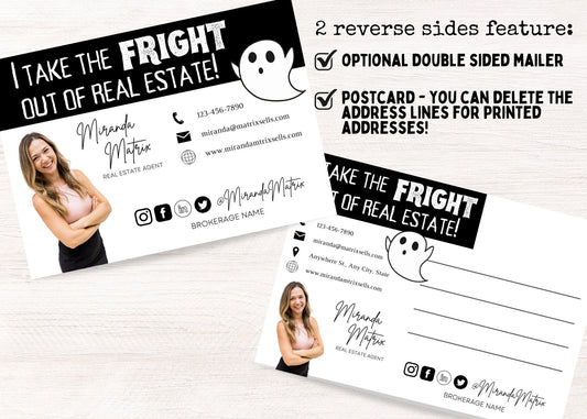 Editable Halloween real estate postcard template with black and white spooky theme, ghost illustrations, and funny realtor puns for seasonal marketing.