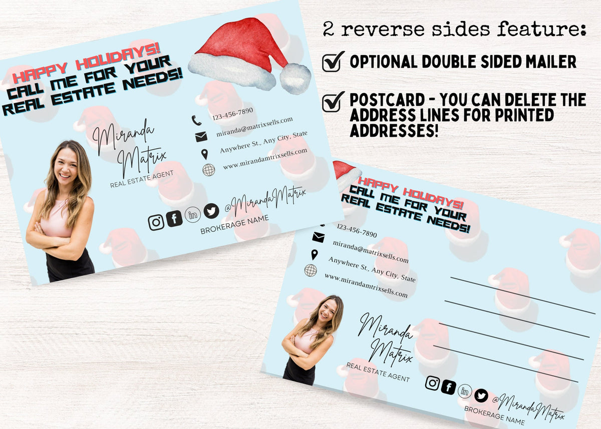 Modern holiday real estate marketing card with Santa hat pattern and agent information