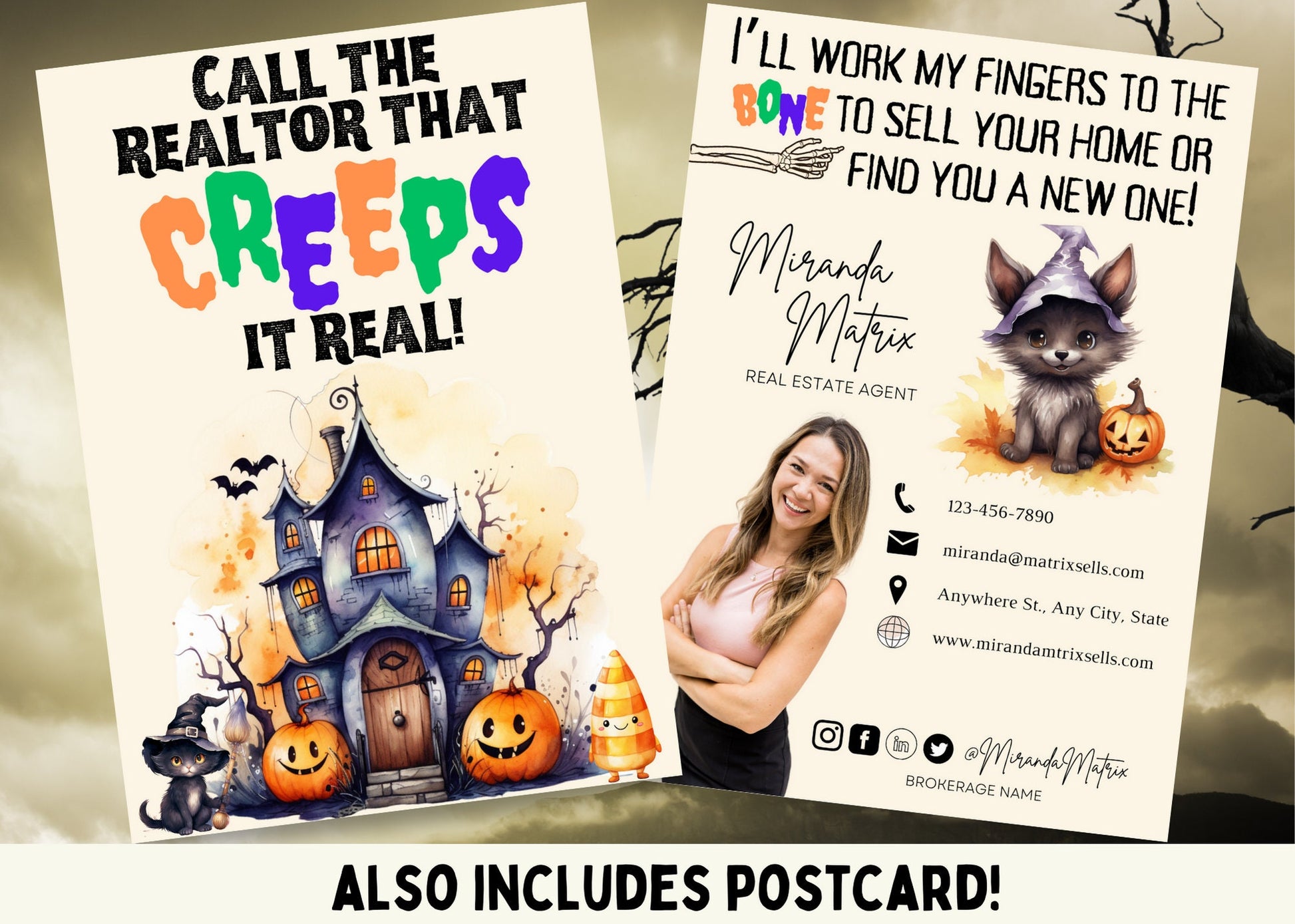 Cute Halloween real estate postcard template with spooky haunted house illustration, pumpkins, black cat, and colorful Halloween realtor wording.