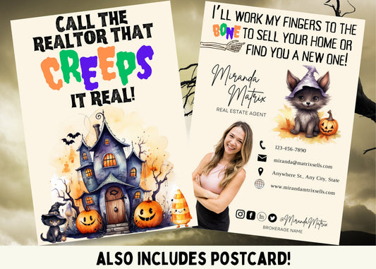 Cute Halloween real estate postcard template with spooky haunted house illustration, pumpkins, black cat, and colorful Halloween realtor wording.