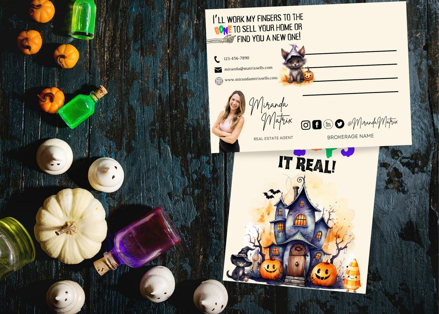 Fun and cute Halloween realtor postcard featuring skeleton graphics, pumpkins, cozy spooky artwork, and modern agent branding layout.