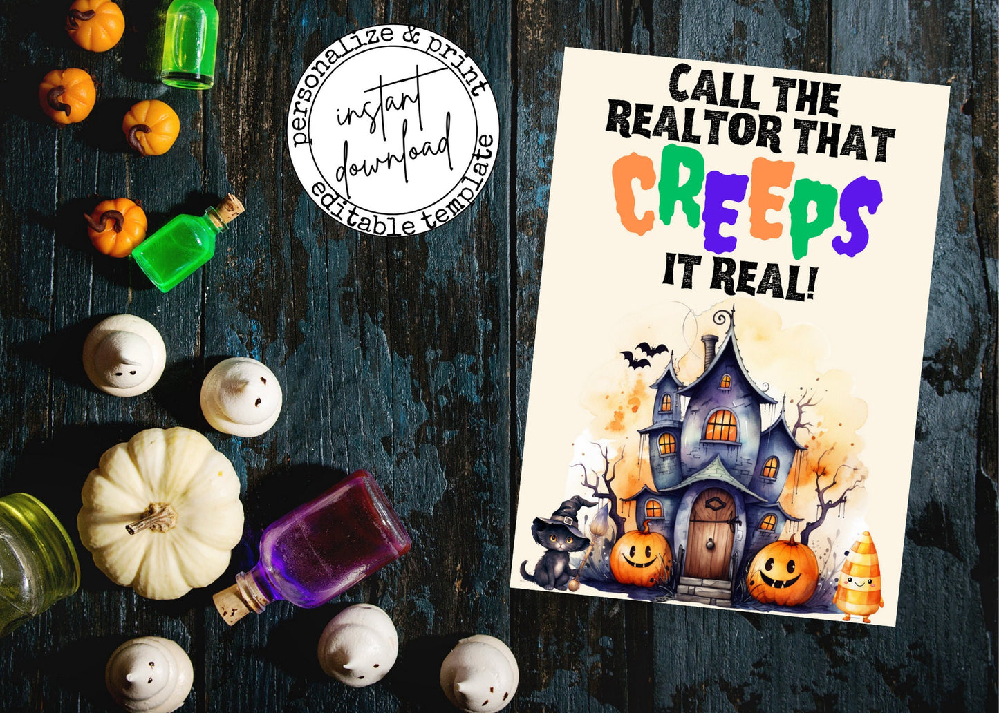 Seasonal real estate marketing template designed for Halloween with spooky typography, witchy graphics, and editable realtor contact information.