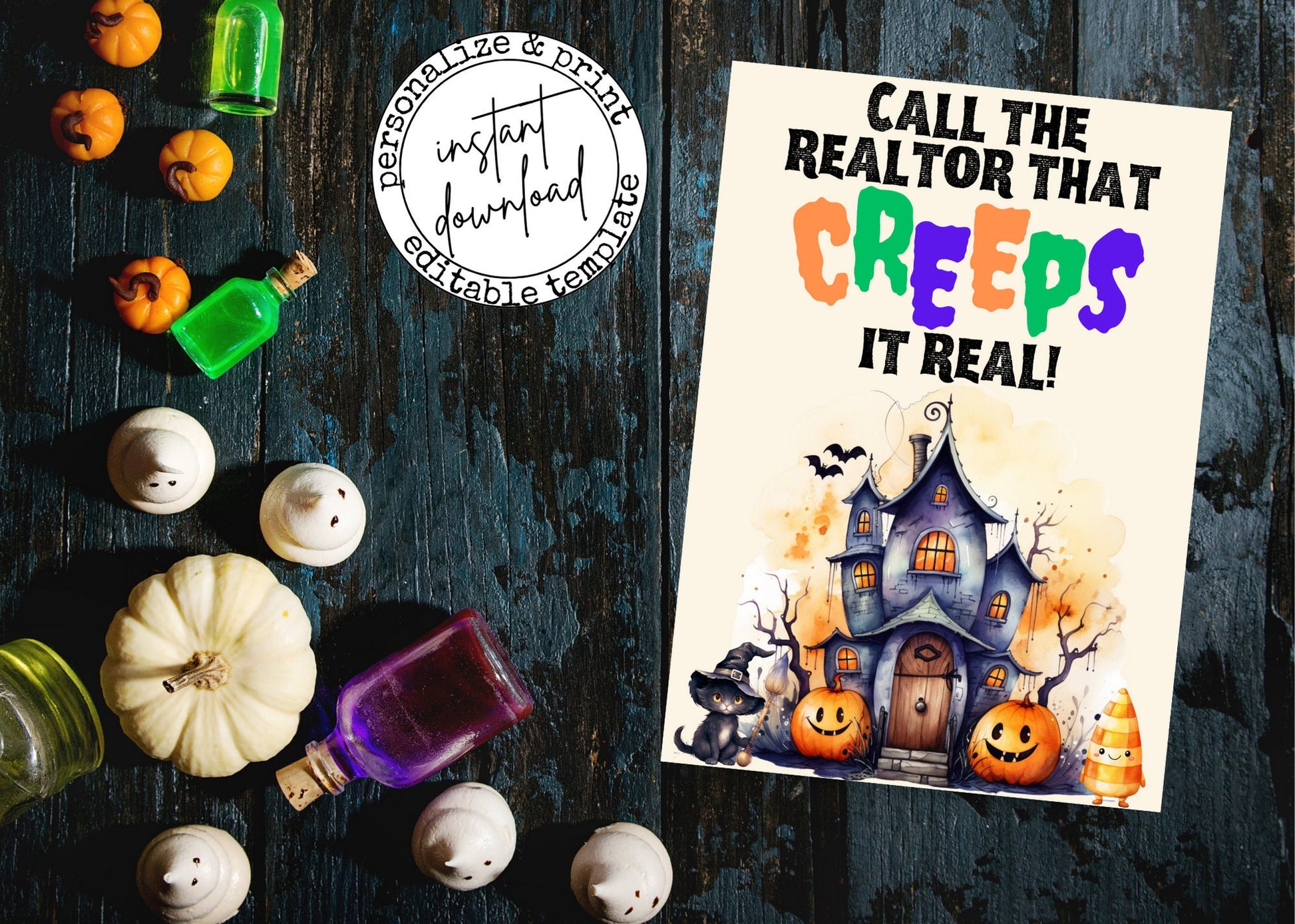 Seasonal real estate marketing template designed for Halloween with spooky typography, witchy graphics, and editable realtor contact information.