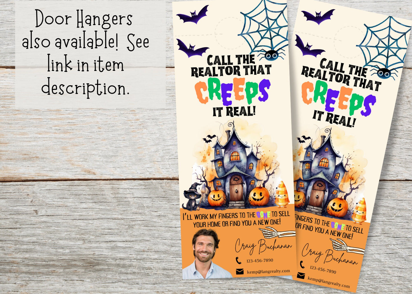 Creative Halloween real estate flyer template with haunted house illustration, autumn colors, social media icons, and editable Canva design for agents.