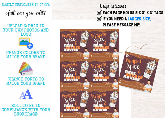 Personalized pumpkin spice coffee gift tags for Realtor client appreciation.