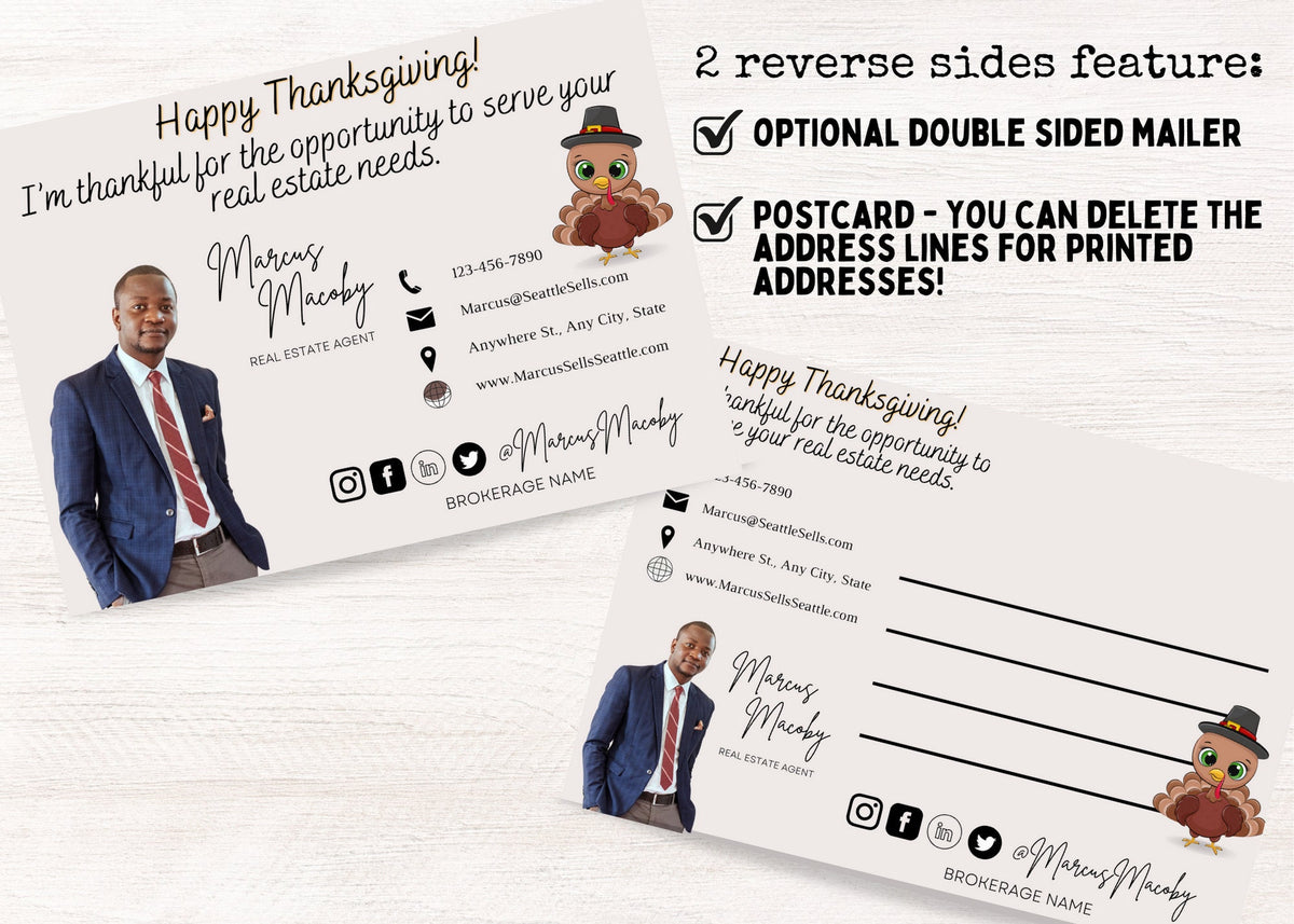Editable Thanksgiving real estate postcard back with realtor headshot, contact information, mailing lines and cartoon turkey
