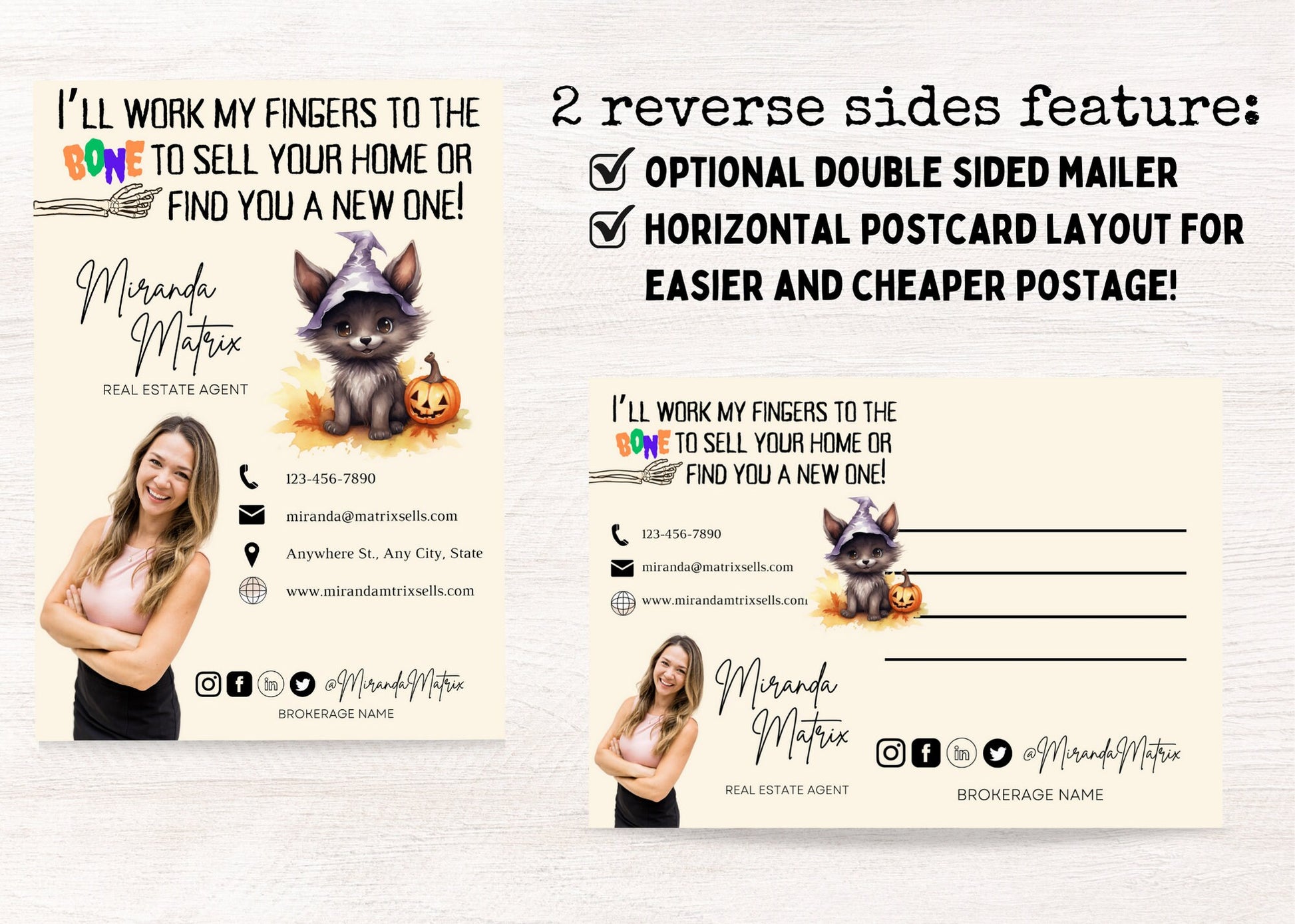 Halloween-themed realtor postcard with haunted house artwork, adorable fall animals, pumpkins, and customizable real estate agent branding.