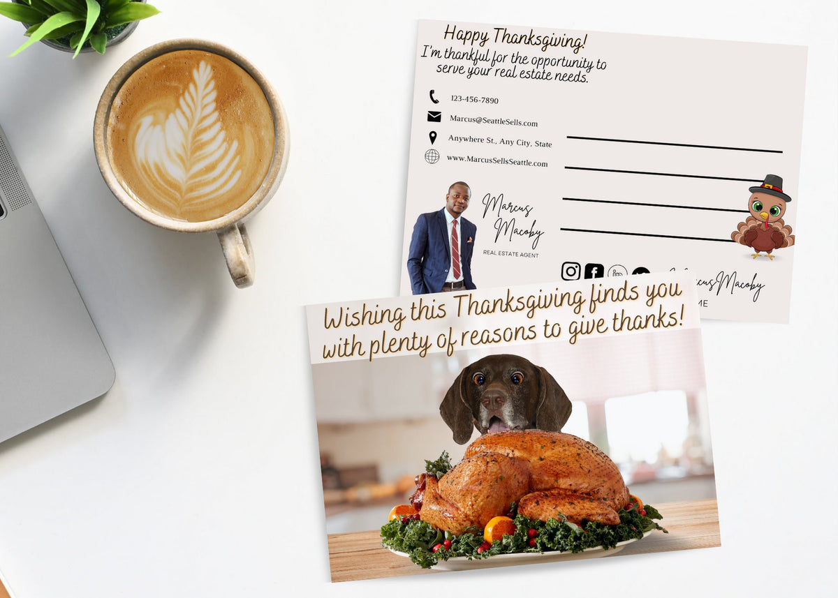 Thanksgiving realtor postcard template with agent photo, contact details, social media information and cute cartoon turkey