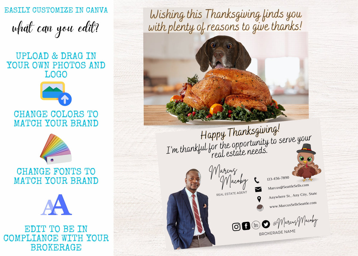 Thanksgiving realtor postcard template with agent photo, contact details, social media information and cute cartoon turkey