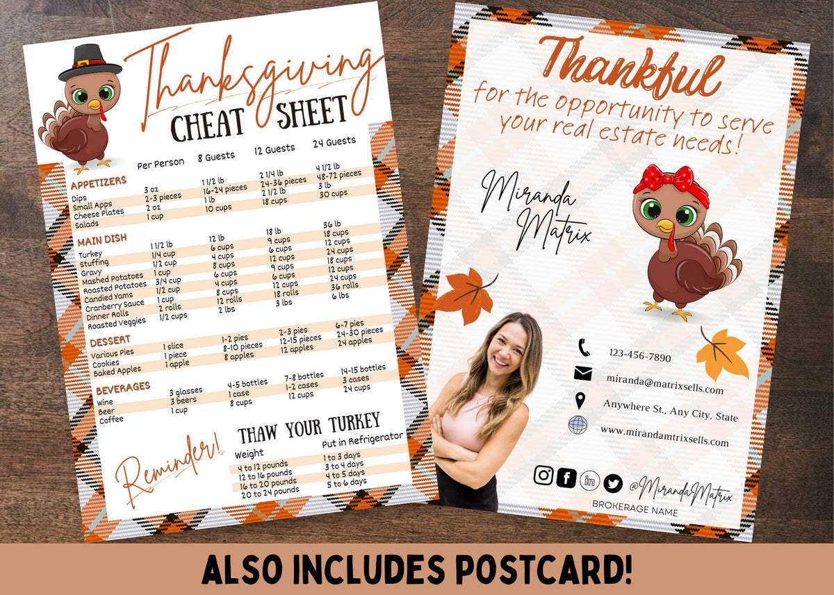 Thanksgiving realtor postcard cheat sheet featuring serving size guide, turkey thawing reminder and green plaid fall design