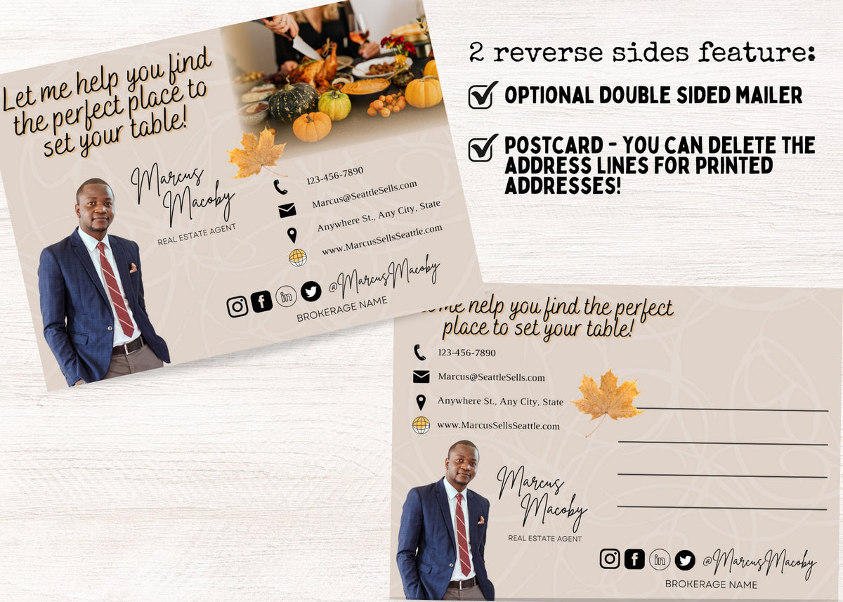 Thanksgiving realtor postcard featuring a cozy dining table and Home Is Where You Gather message