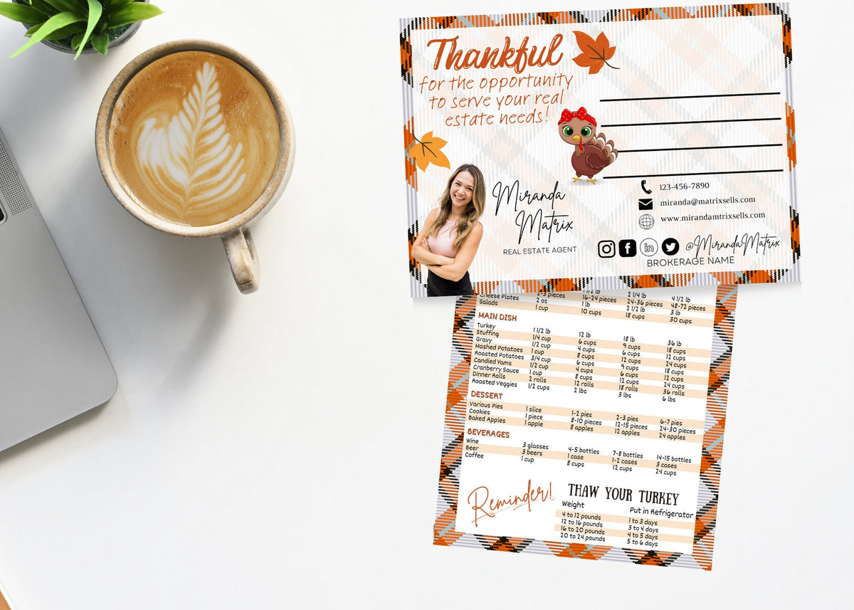 Editable Thanksgiving real estate postcard with turkey image, agent photo, contact details and thankful holiday message