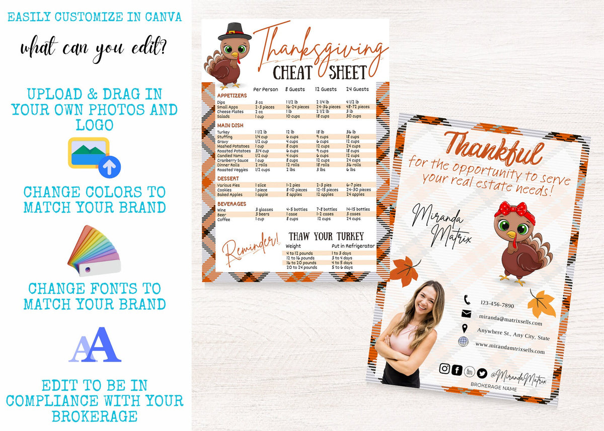 Thanksgiving realtor mailing postcard template with address lines, turkey photo, green plaid border and customizable agent branding