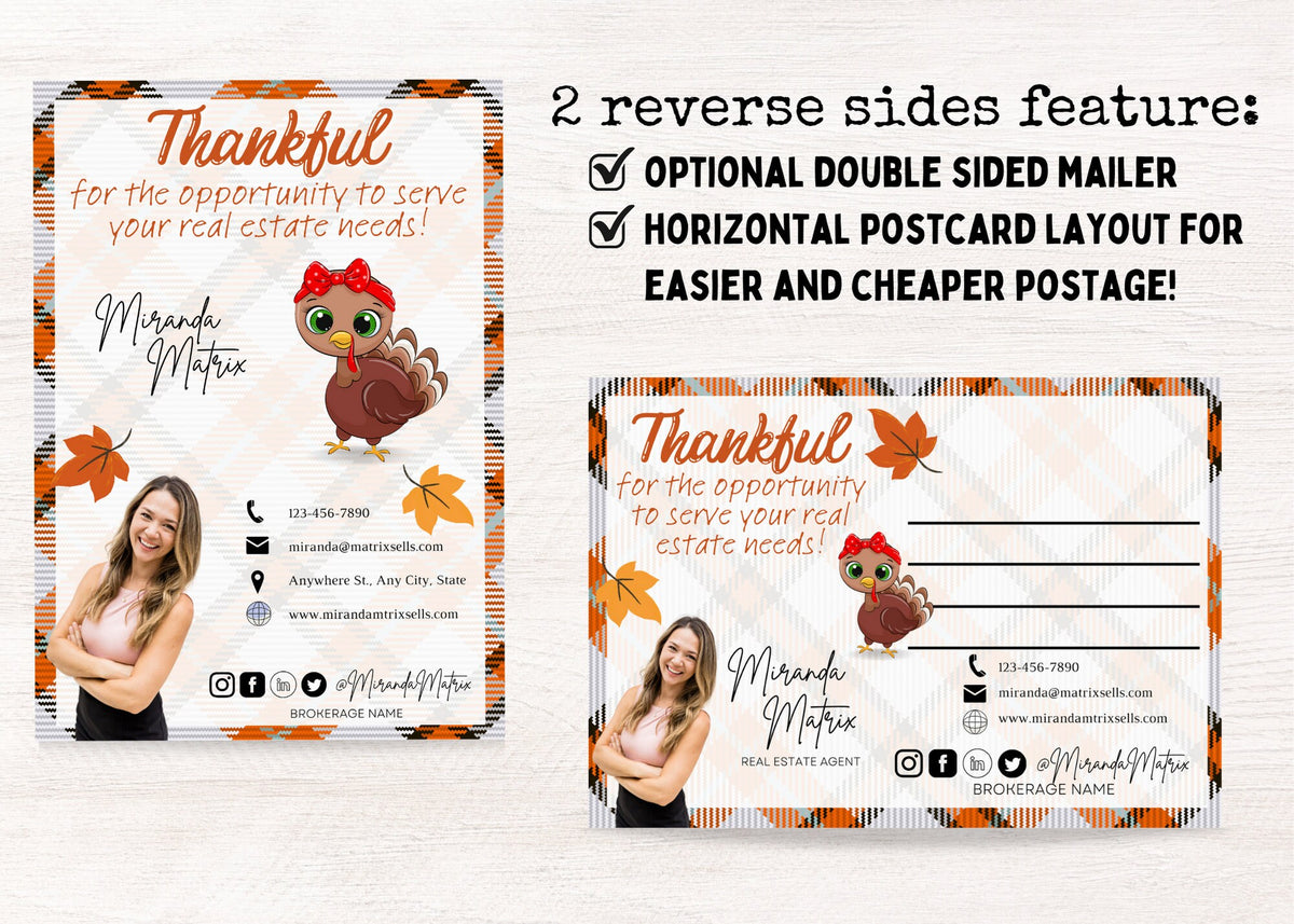 Editable Thanksgiving real estate postcard with turkey image, agent photo, contact details and thankful holiday message
