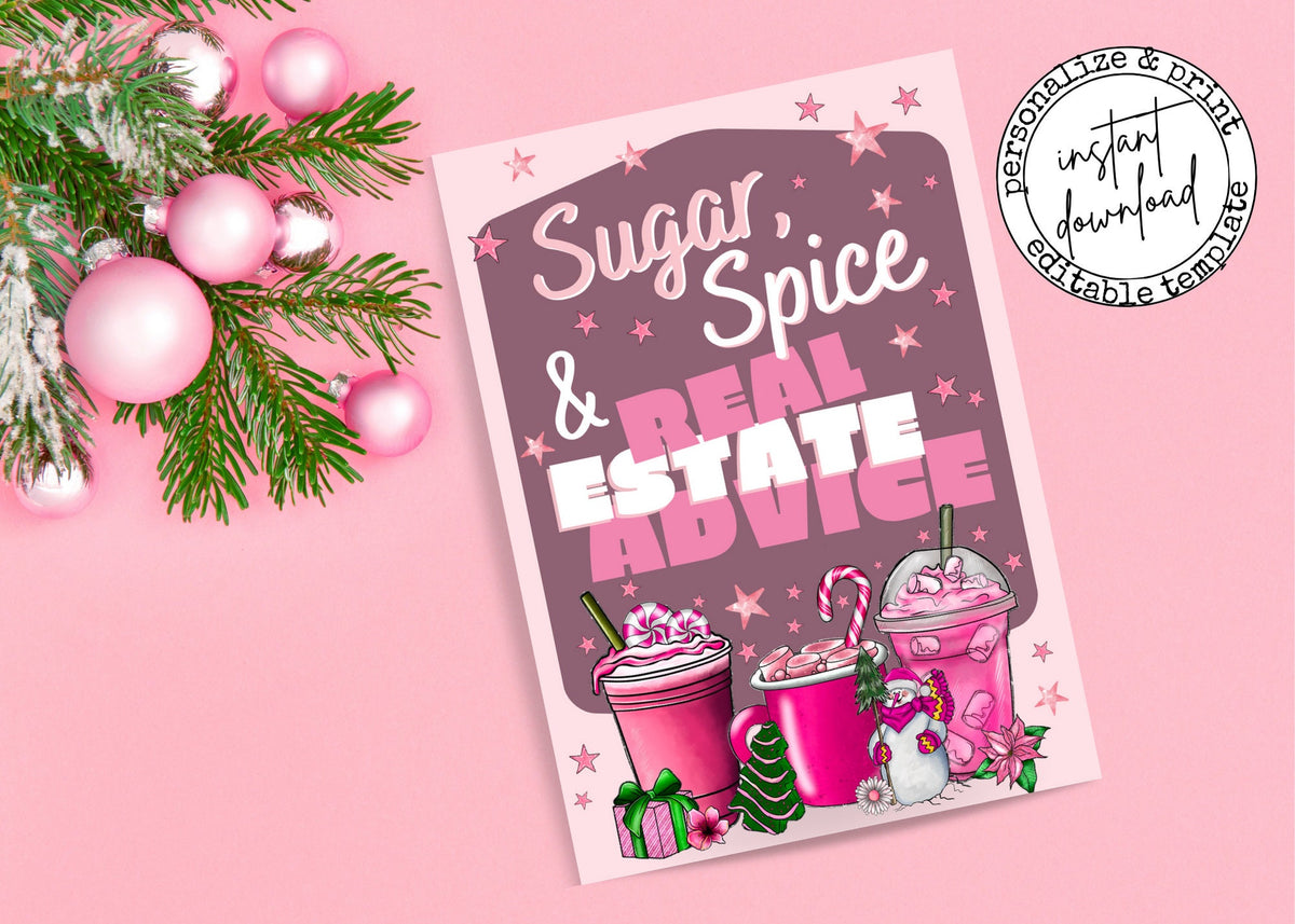 Pink holiday real estate marketing template with cocoa candy canes and peppermint