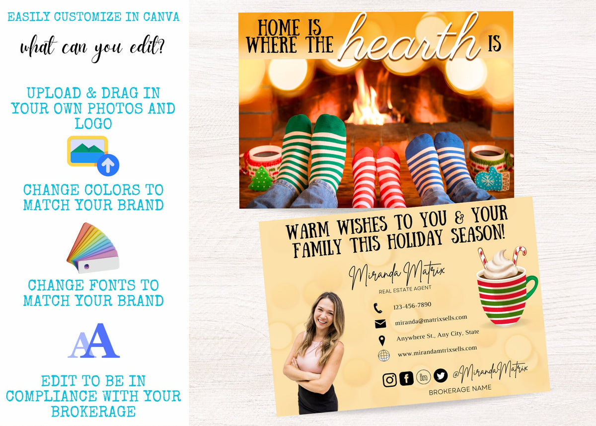 Holiday real estate client postcard with fireplace cocoa mugs and family theme
