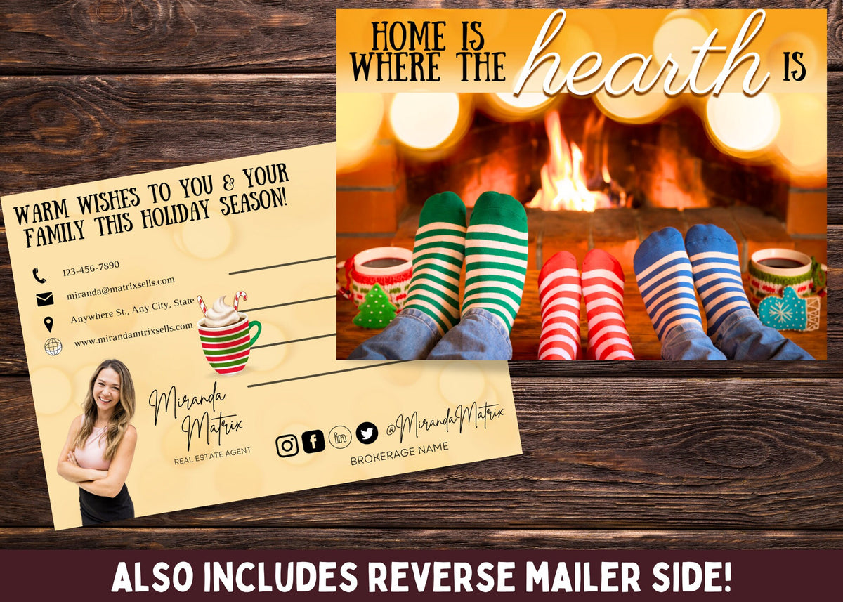 Home Is Where the Hearth Is Christmas realtor postcard with cozy fireplace scene