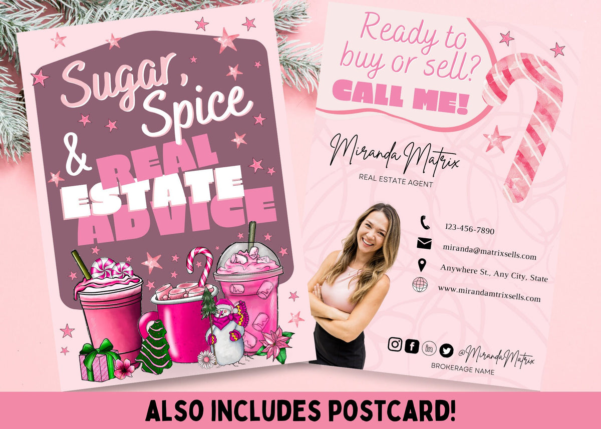 Sugar Spice and Real Estate Advice pink Christmas realtor marketing card