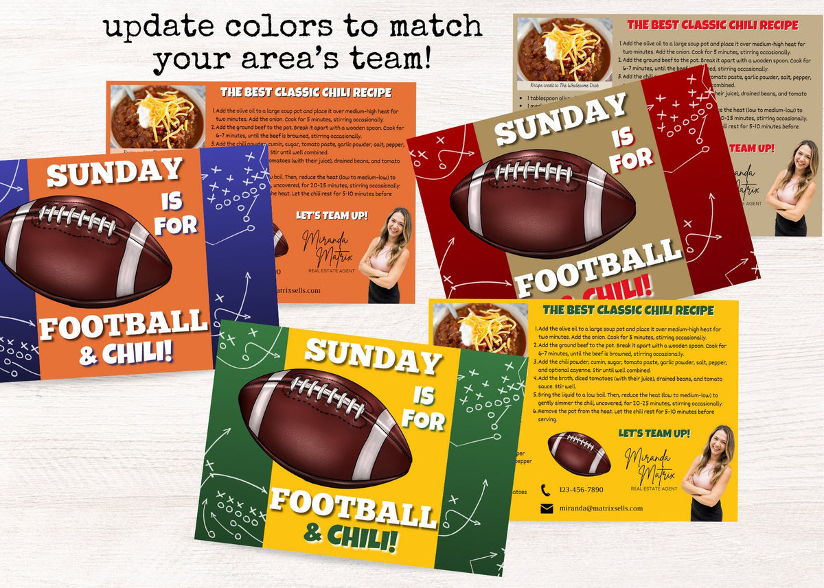 Classic chili recipe card for realtor fall marketing and football season client gifts