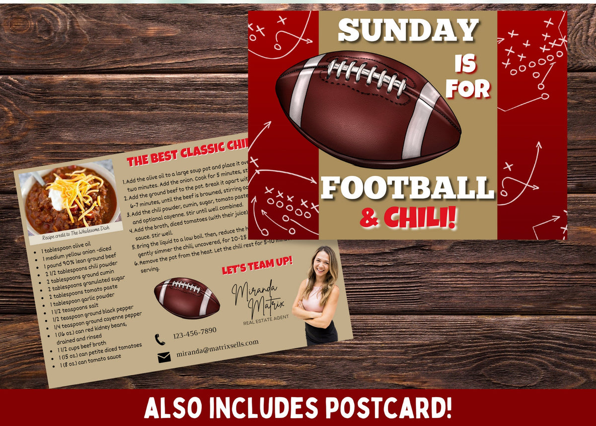 Fall real estate marketing postcard featuring football theme and classic chili recipe